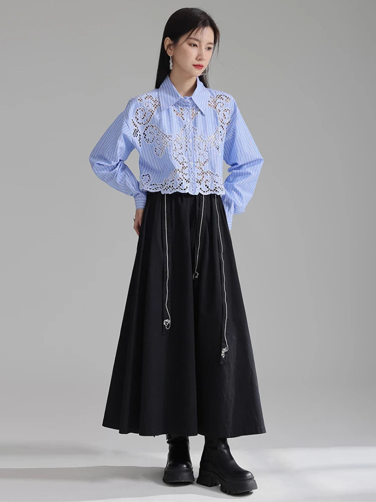 Marigold Shadows Shirts Sherrm Doiley Crop Button Up - Blue