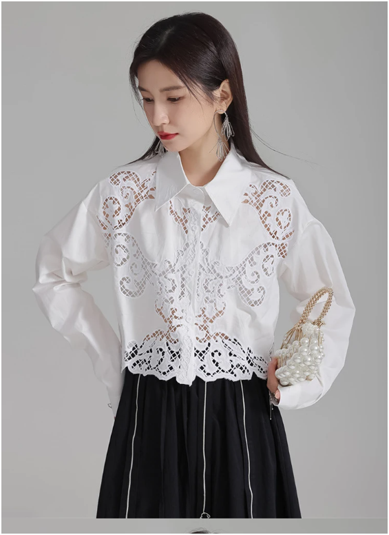 Marigold Shadows Shirts Sherrm Doiley Crop Button Up - White