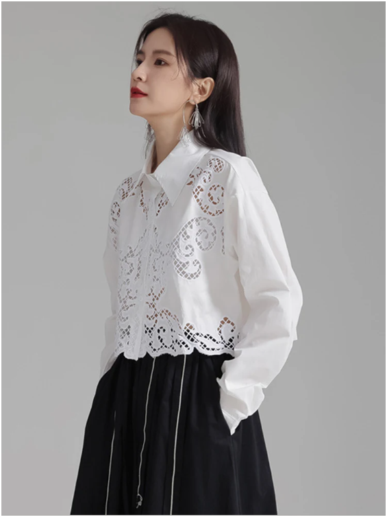 Marigold Shadows Shirts Sherrm Doiley Crop Button Up - White