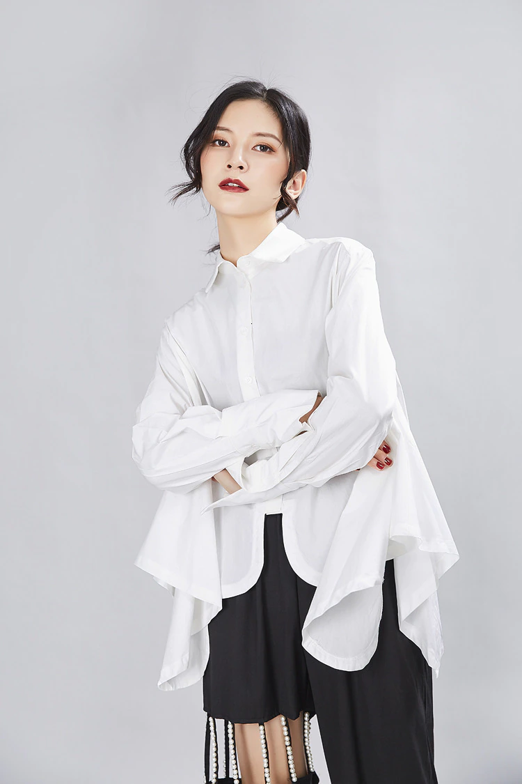 Marigold Shadows shirts Sonoya Lapel Long Sleeve Irregular Hem Shirt