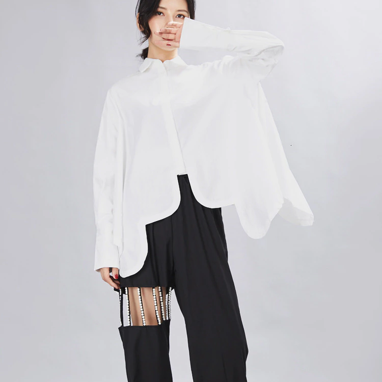 Marigold Shadows shirts Sonoya Lapel Long Sleeve Irregular Hem Shirt