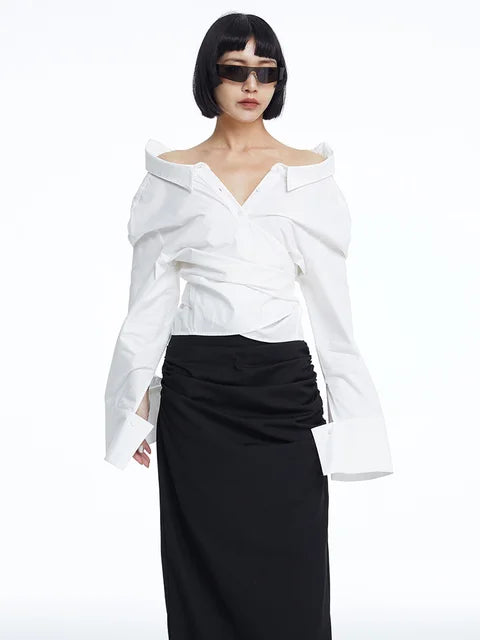 Marigold Shadows Shirts Teyana Open Shoulder Blouse