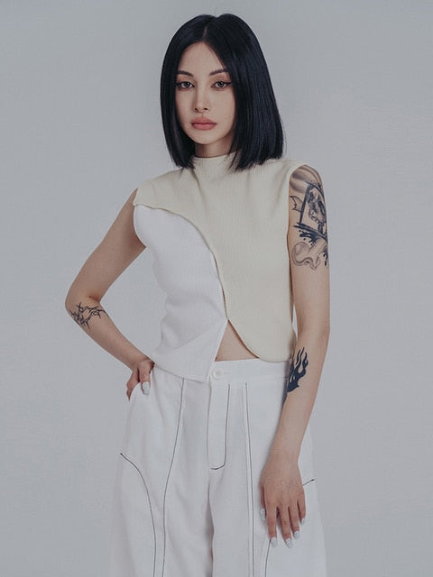 Marigold Shadows Shirts & Tops Slopee Irregular Crop Tank - Beige