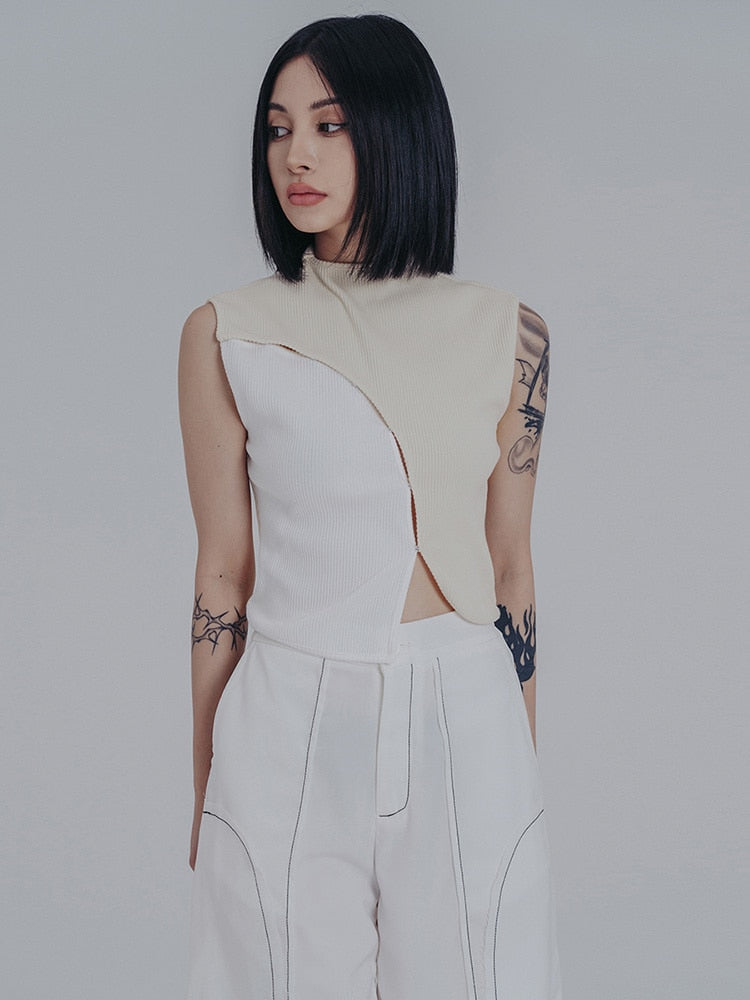 Marigold Shadows Shirts & Tops Slopee Irregular Crop Tank - Beige