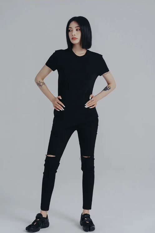 Marigold Shadows Shirts Wallcy Irregular Hem T-shirt - Black