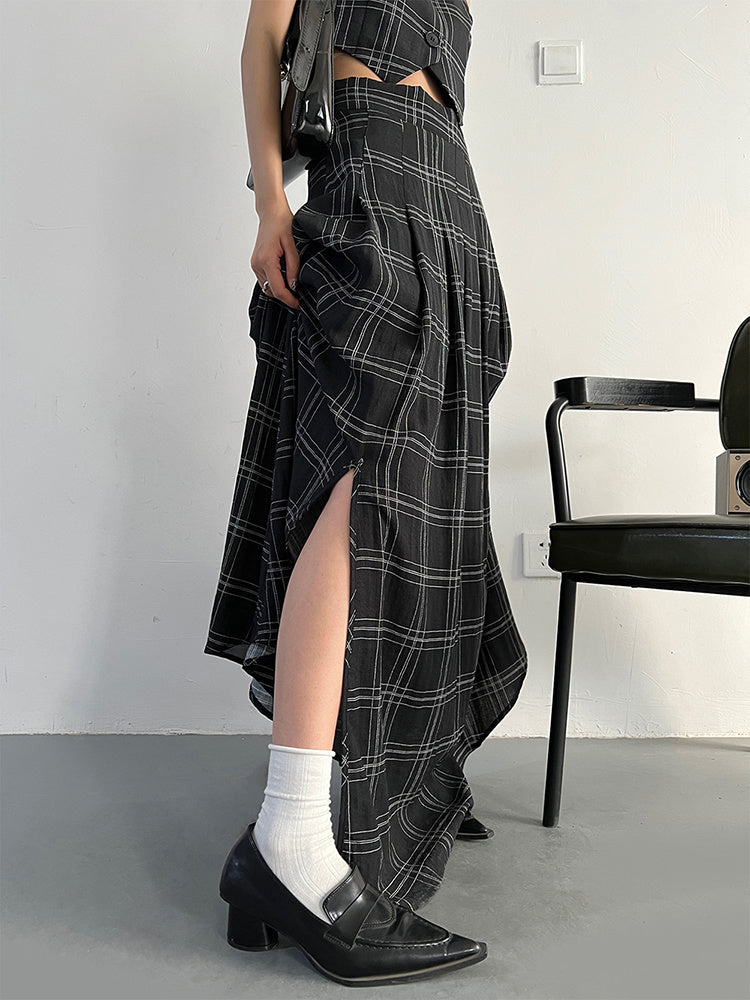 Marigold Shadows Skirt Tihee Plaid Long Skirt - Black and Gray
