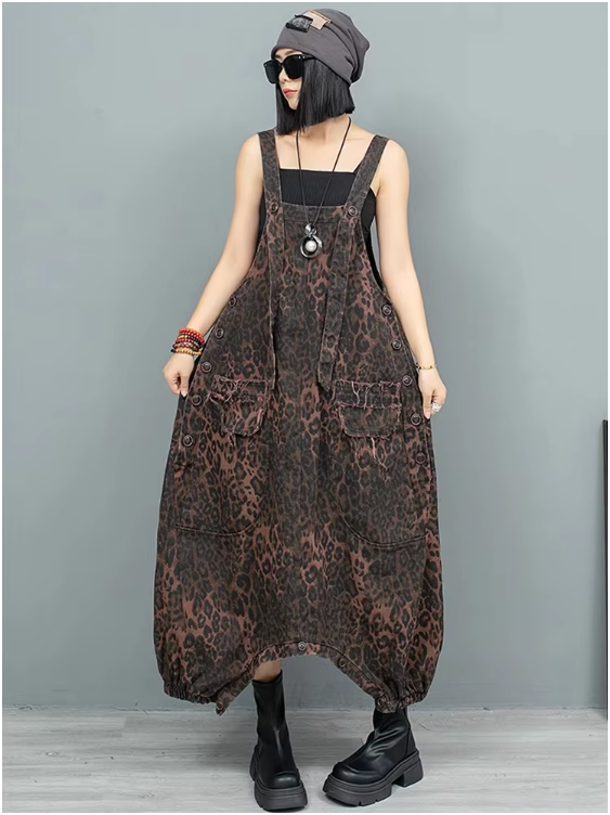 Kuniko Denim Leopard Overalls