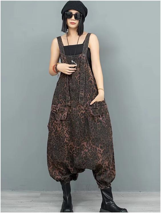 Kuniko Denim Leopard Overalls