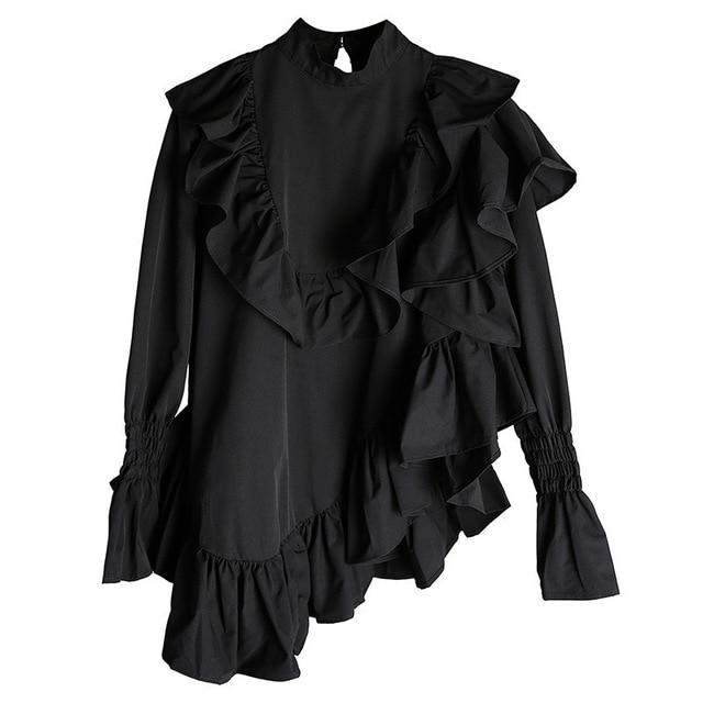 Marigold Shadows Blouses & Shirts Okimi Asymmetrical Ruffle Long Sleeve Shirt - Black