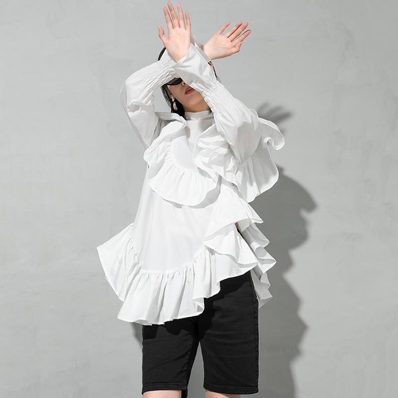 Marigold Shadows Blouses & Shirts Okimi Asymmetrical Ruffle Long Sleeve Shirt - White