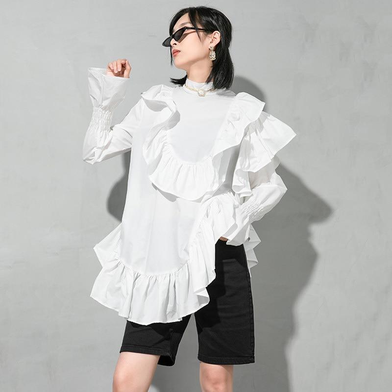 Marigold Shadows Blouses & Shirts Okimi Asymmetrical Ruffle Long Sleeve Shirt - White