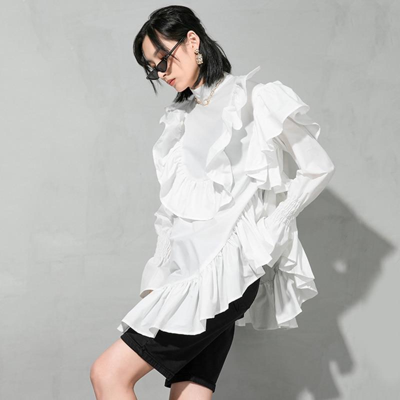 Marigold Shadows Blouses & Shirts Okimi Asymmetrical Ruffle Long Sleeve Shirt - White