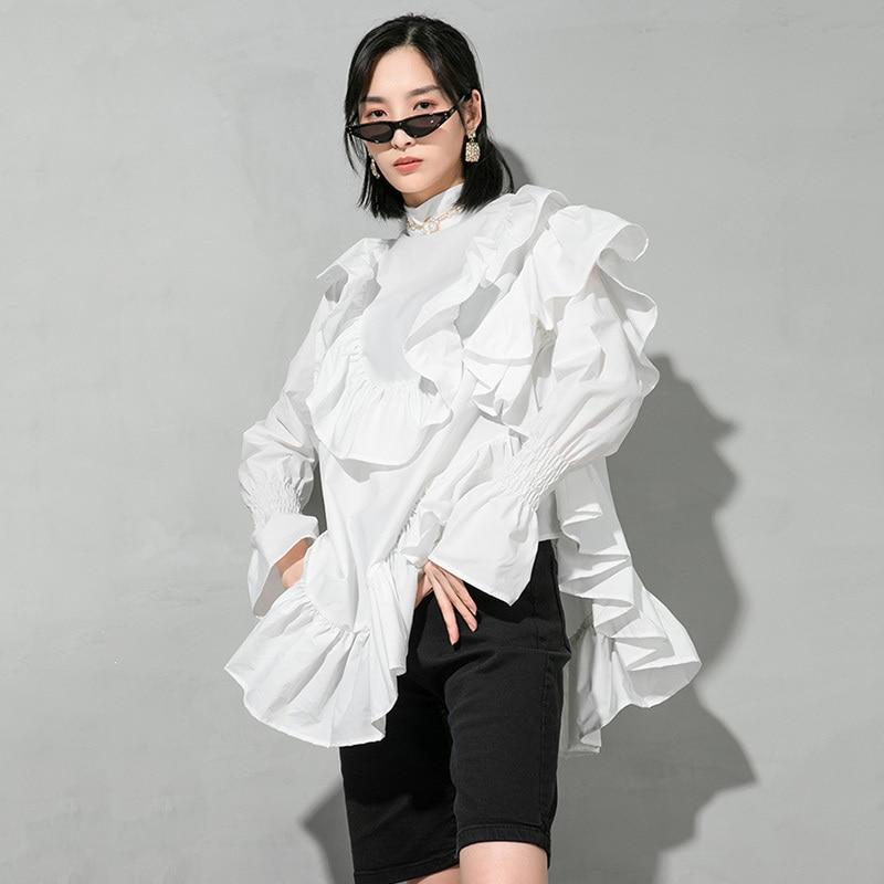 Marigold Shadows Blouses & Shirts Okimi Asymmetrical Ruffle Long Sleeve Shirt - White