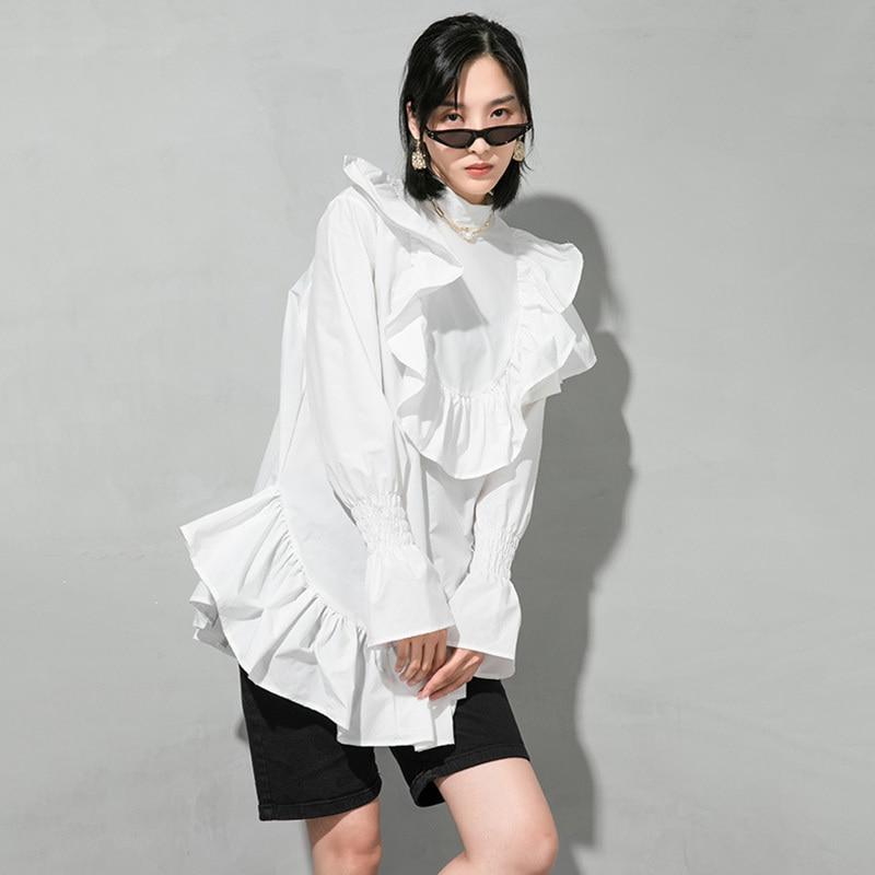 Marigold Shadows Blouses & Shirts Okimi Asymmetrical Ruffle Long Sleeve Shirt - White