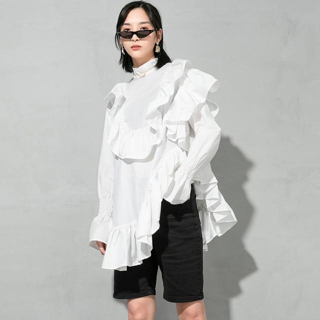 Marigold Shadows Blouses & Shirts Okimi Asymmetrical Ruffle Long Sleeve Shirt - White