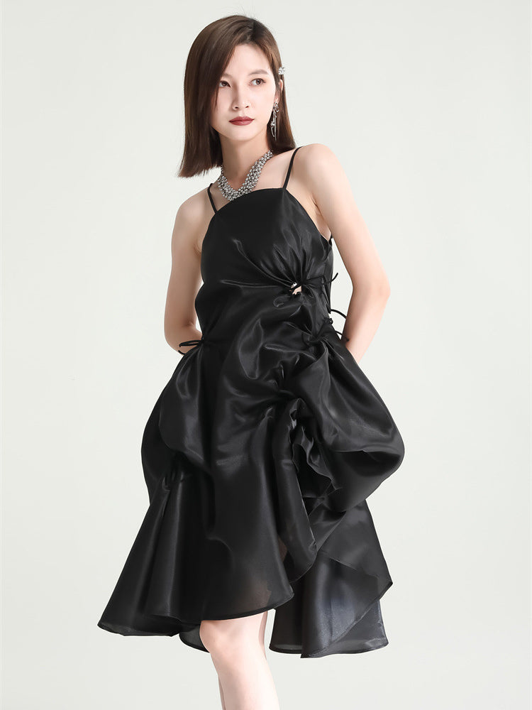 Marigold Shadows dresses Amida Pillowy Spaghetti Strap Dress - Black