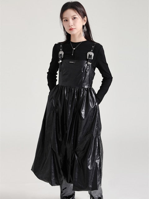 Marigold Shadows Dresses Bukle Vegan Leather Overall Dress - Black