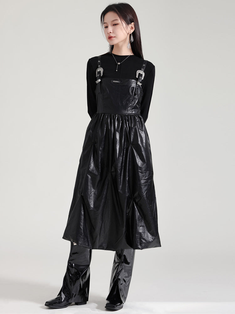 Marigold Shadows Dresses Bukle Vegan Leather Overall Dress - Black