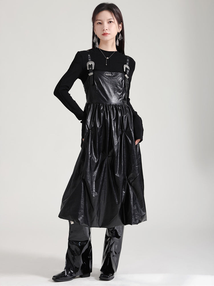 Marigold Shadows Dresses Bukle Vegan Leather Overall Dress - Black