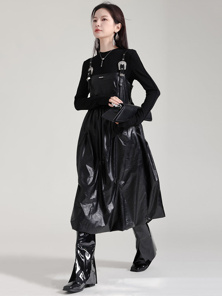 Marigold Shadows Dresses Bukle Vegan Leather Overall Dress - Black