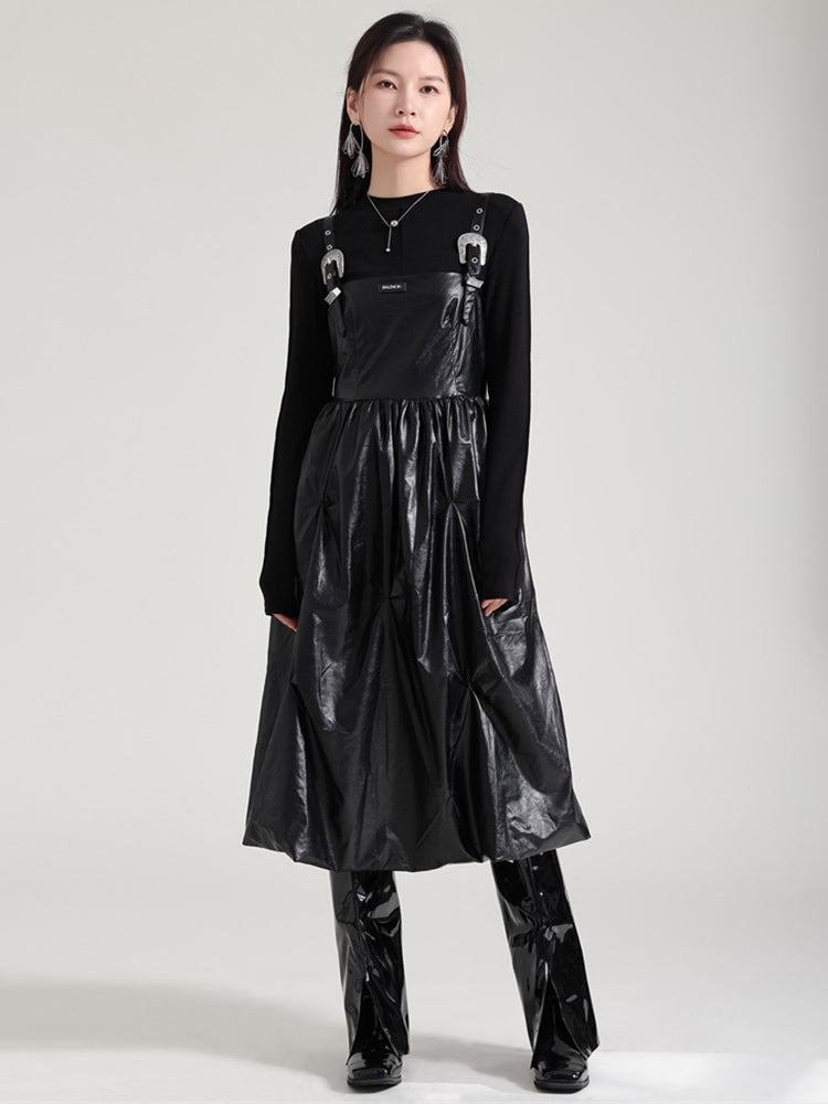 Marigold Shadows Dresses Bukle Vegan Leather Overall Dress - Black