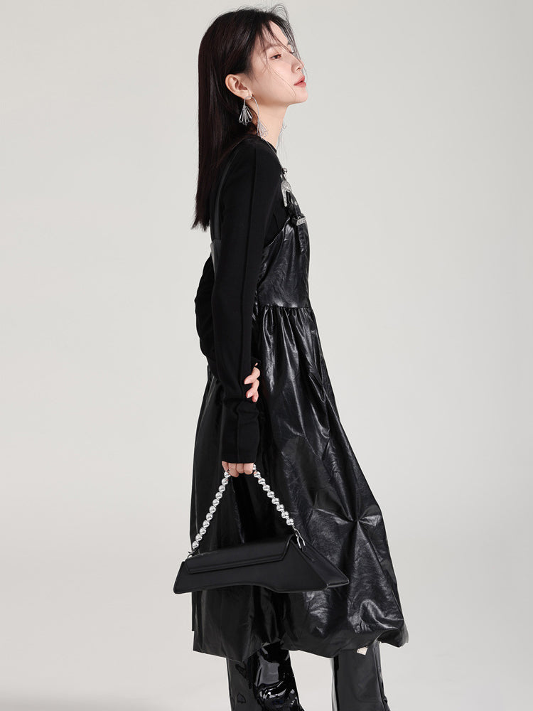 Marigold Shadows Dresses Bukle Vegan Leather Overall Dress - Black