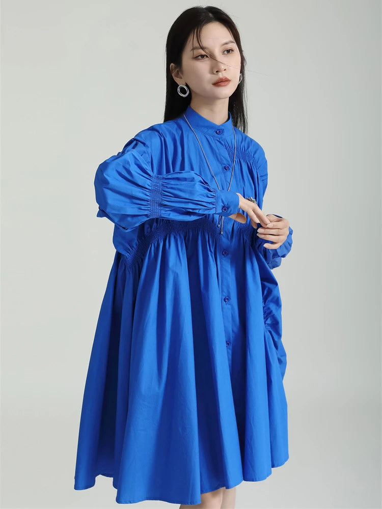 Marigold Shadows dresses Hotaru Long Sleeve Pleated Shirt Dress - Blue