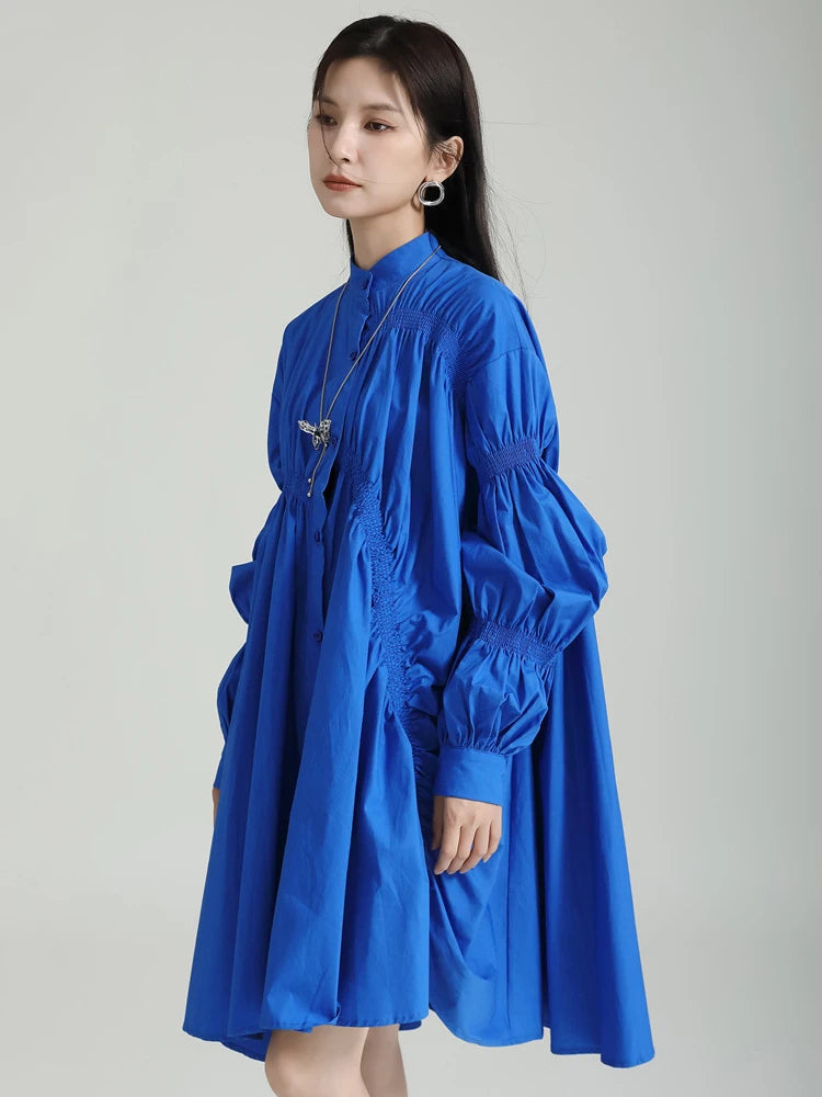 Marigold Shadows dresses Hotaru Long Sleeve Pleated Shirt Dress - Blue