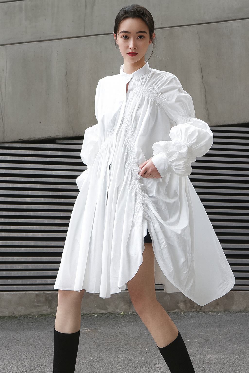 Marigold Shadows dresses Hotaru Long Sleeve Pleated Shirt Dress - White