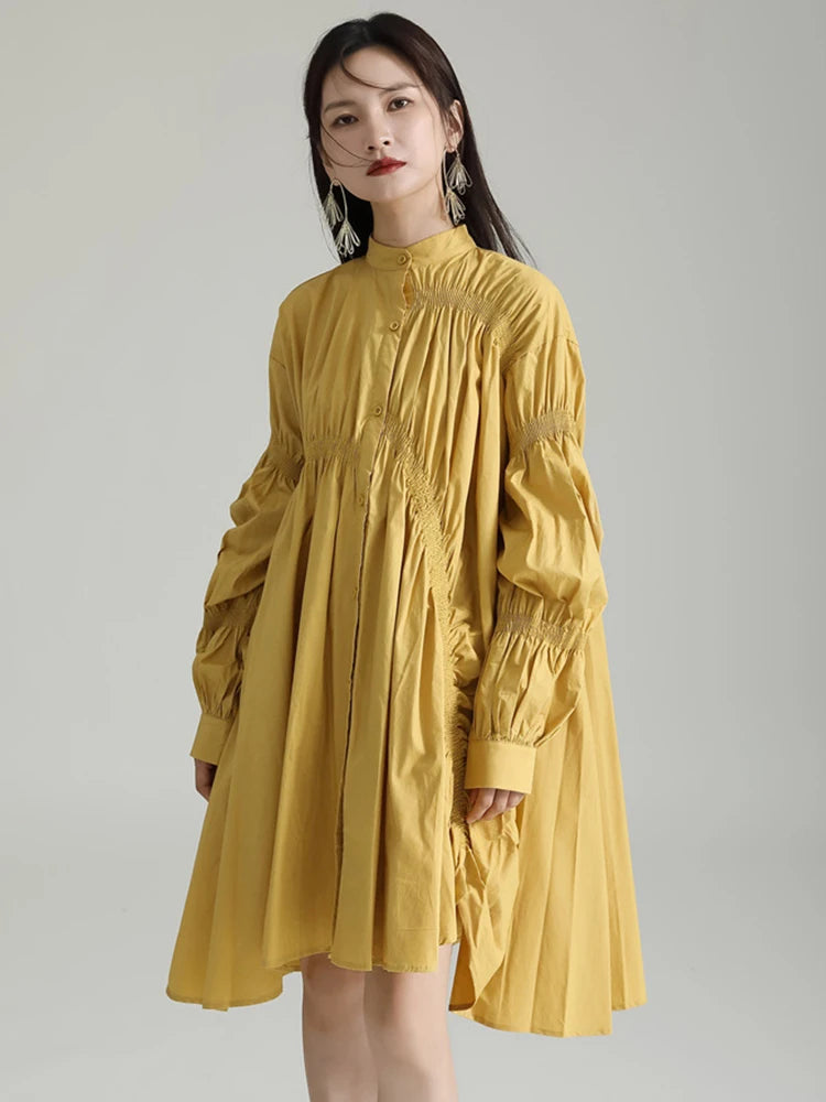 Marigold Shadows dresses Hotaru Long Sleeve Pleated Shirt Dress - Yellow