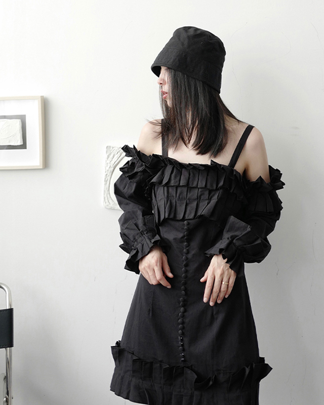 Marigold Shadows dresses Masaru Off Shoulder Ruffled Pleated Dress - Black