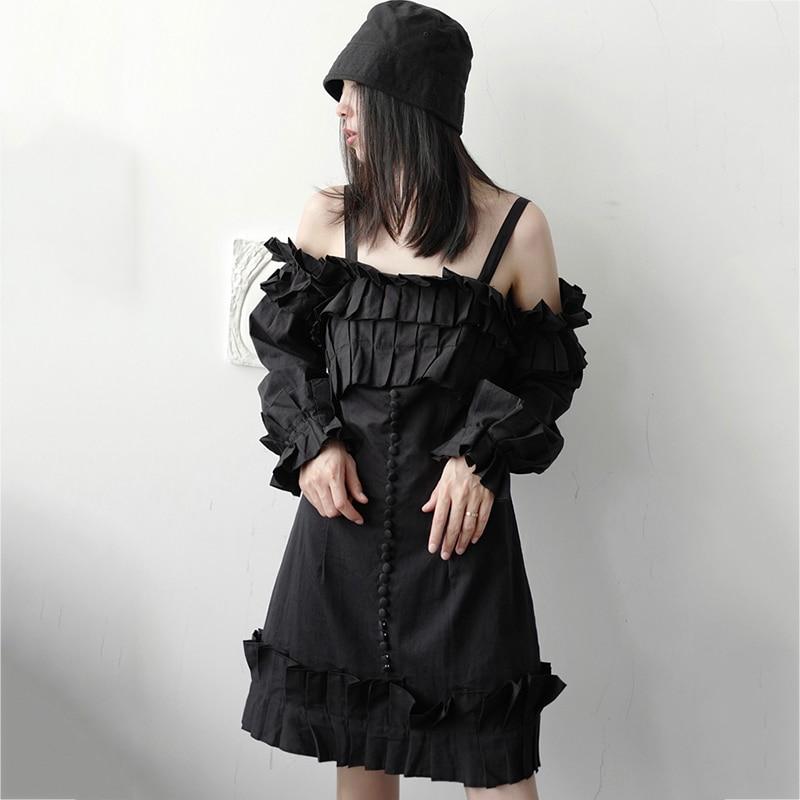 Marigold Shadows dresses Masaru Off Shoulder Ruffled Pleated Dress - Black