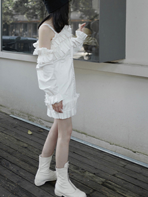 Marigold Shadows dresses Masaru Off Shoulder Ruffled Pleated Dress - White