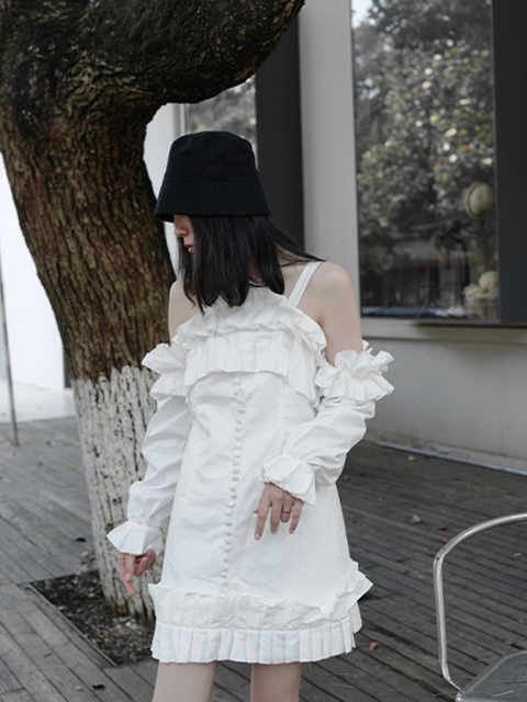Marigold Shadows dresses Masaru Off Shoulder Ruffled Pleated Dress - White