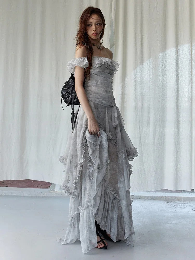 Marigold Shadows Dresses *** Miranda Ruffled Open Shoulder Dress