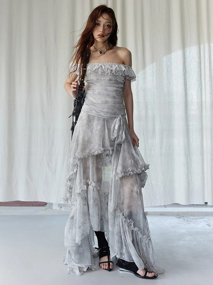 Marigold Shadows Dresses *** Miranda Ruffled Open Shoulder Dress