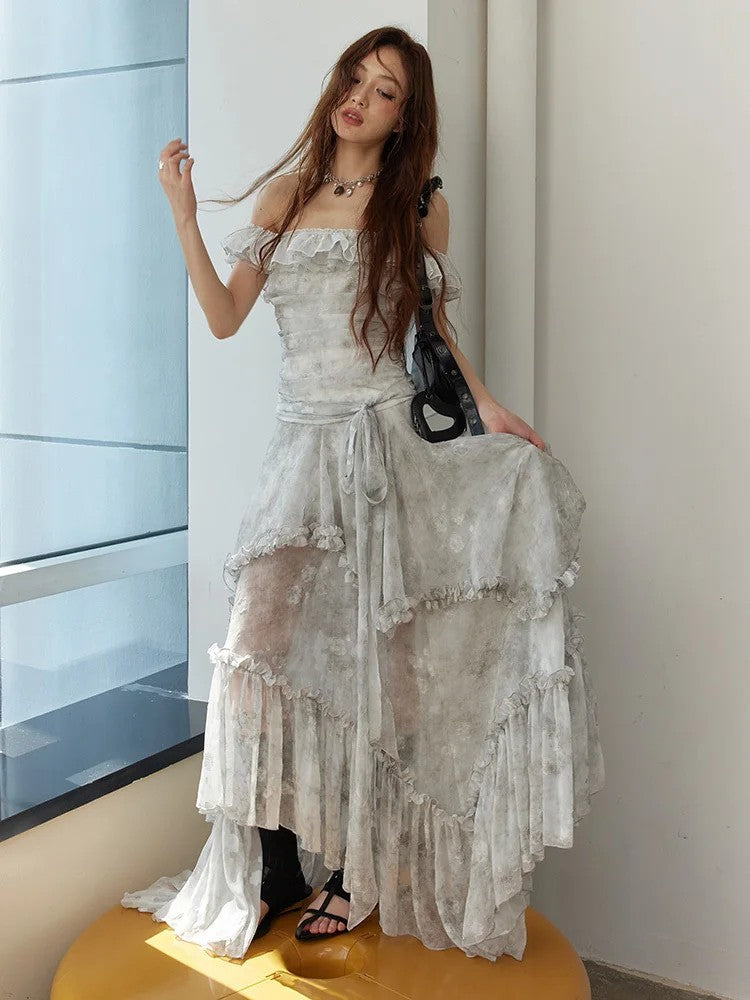 Marigold Shadows Dresses *** Miranda Ruffled Open Shoulder Dress