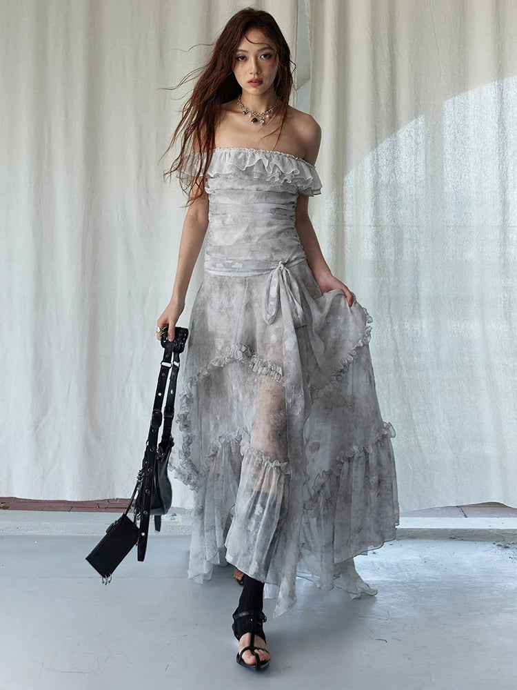 Marigold Shadows Dresses *** Miranda Ruffled Open Shoulder Dress