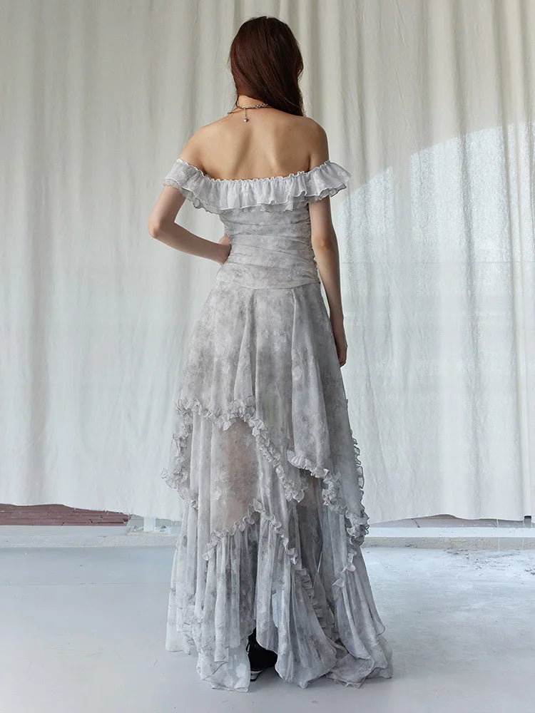 Marigold Shadows Dresses *** Miranda Ruffled Open Shoulder Dress
