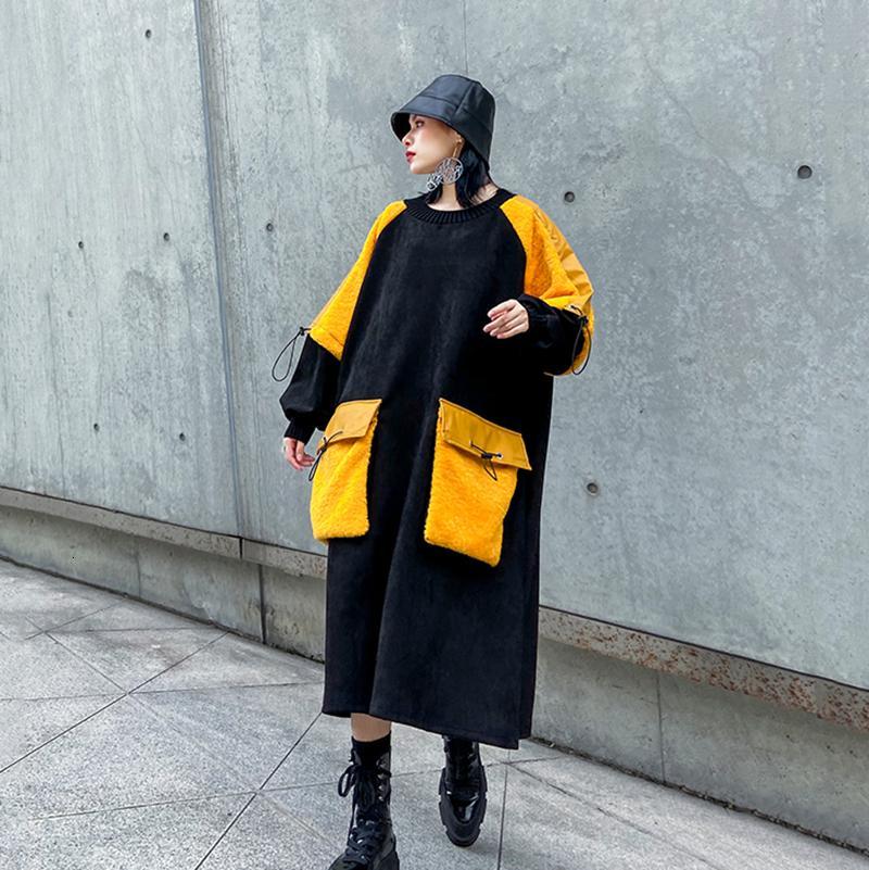 Marigold Shadows dresses Yoshiko Pocket O-Neck Long Sleeve Dress