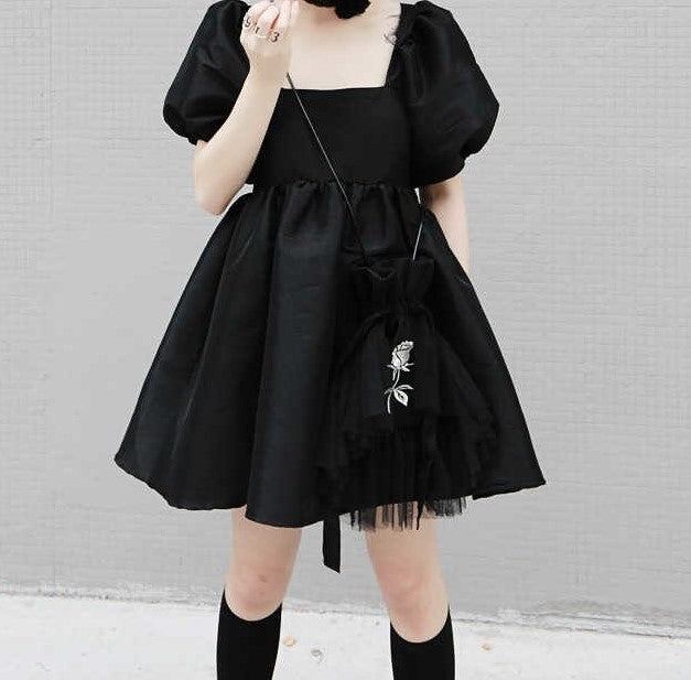 Marigold Shadows dresses Yukie Square Collar Puff Dress - Black