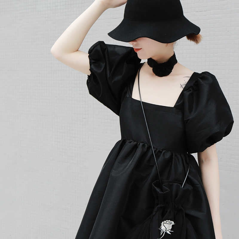 Marigold Shadows dresses Yukie Square Collar Puff Dress - Black