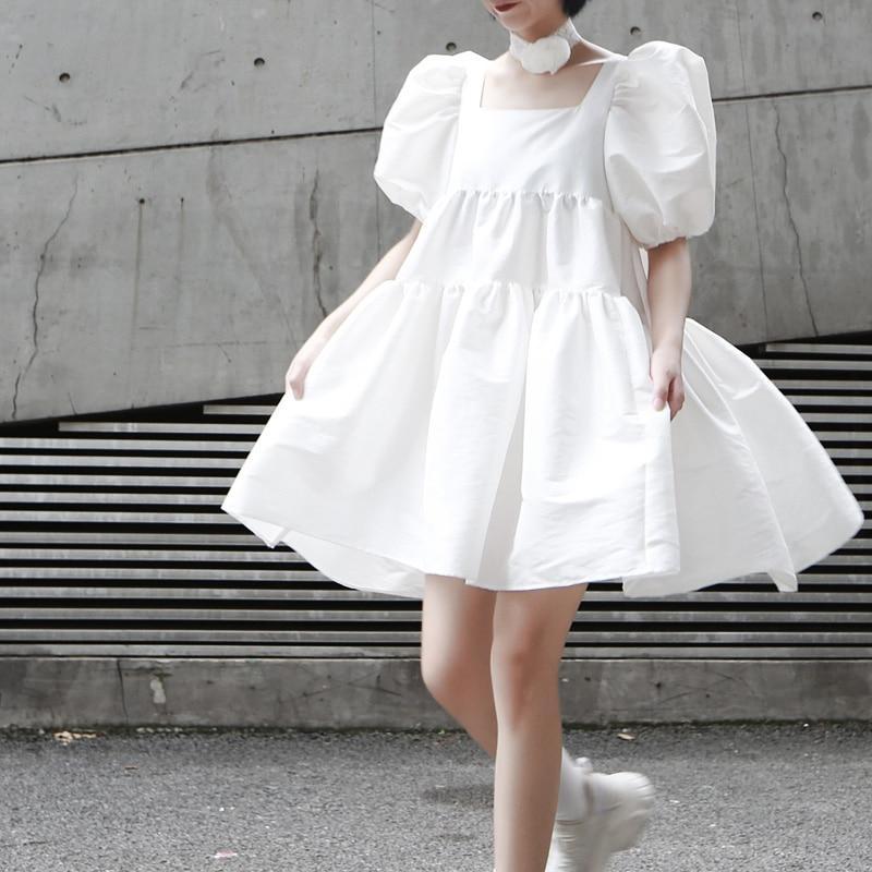 Marigold Shadows dresses Yukie Square Collar Puff Dress - White