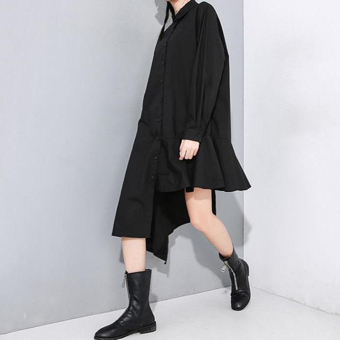 Marigold Shadows dresses Yuri Asymmetrical Pleated Shirt Dress - Black