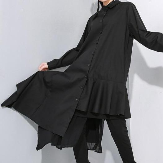 Marigold Shadows dresses Yuri Asymmetrical Pleated Shirt Dress - Black