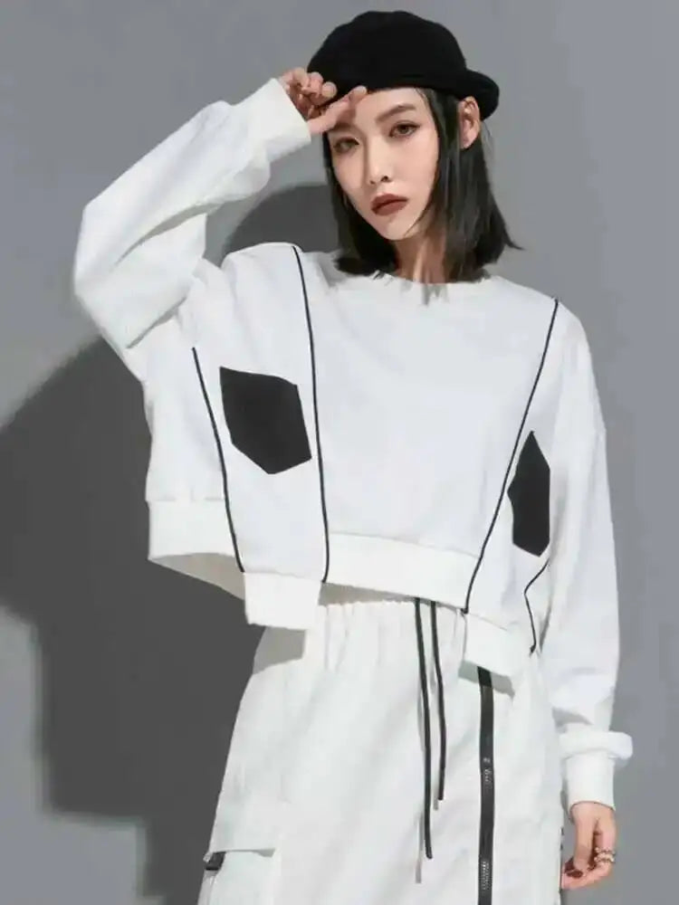 Marigold Shadows Hoodies, Sweaters & Sweatshirts Deekee Striped Pocket Sweatshirt - White