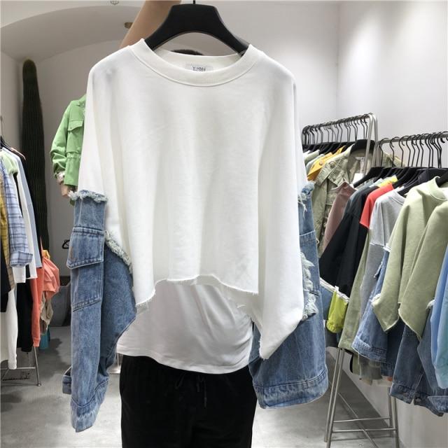 Marigold Shadows Hoodies & Sweatshirts Kazuki Loose O-Neck Denim Sleeve Crop Sweatshirt