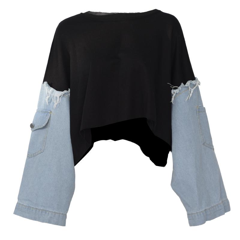 Marigold Shadows Hoodies & Sweatshirts Kazuki Loose O-Neck Denim Sleeve Crop Sweatshirt