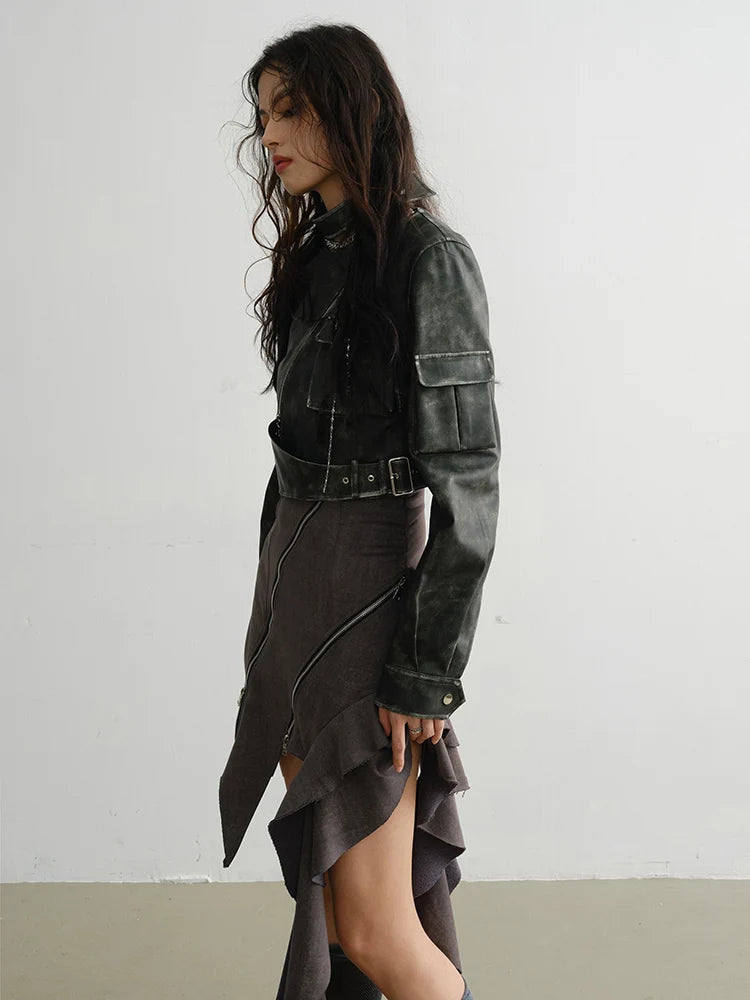 Marigold Shadows Jackets Cateey Vegan Leather Cropped Motorcycle Jacket