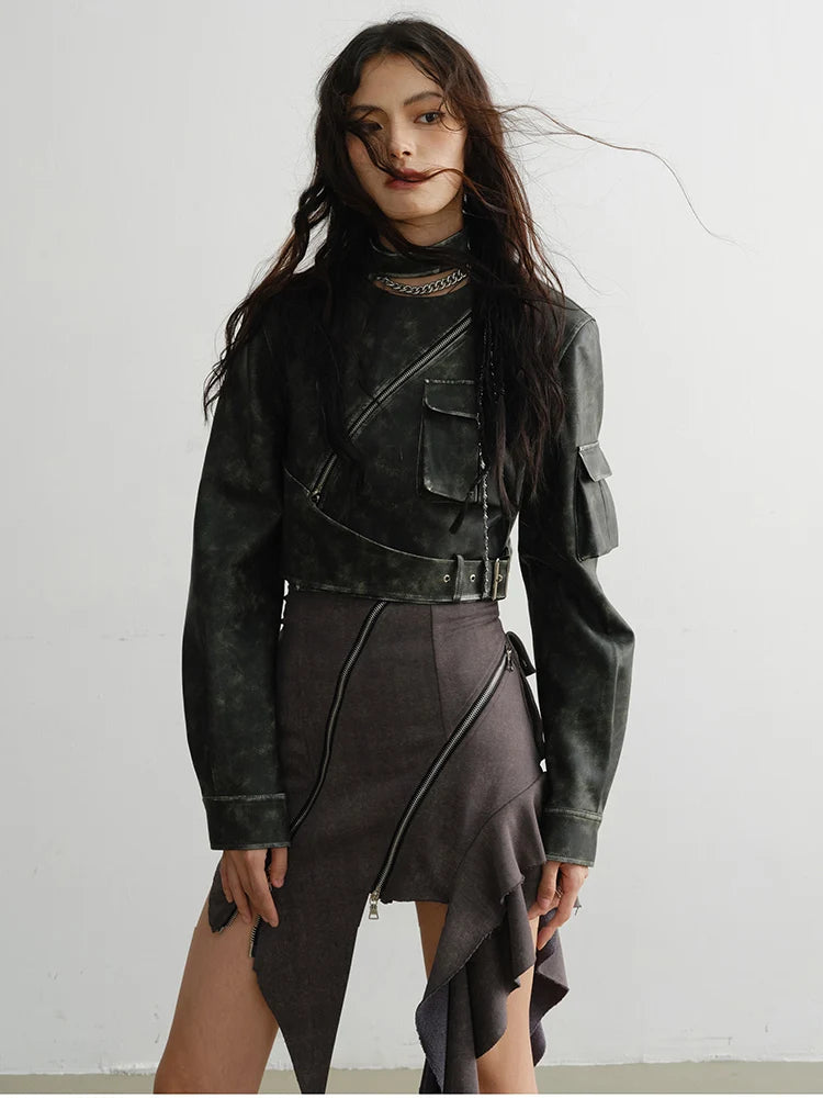 Marigold Shadows Jackets Cateey Vegan Leather Cropped Motorcycle Jacket